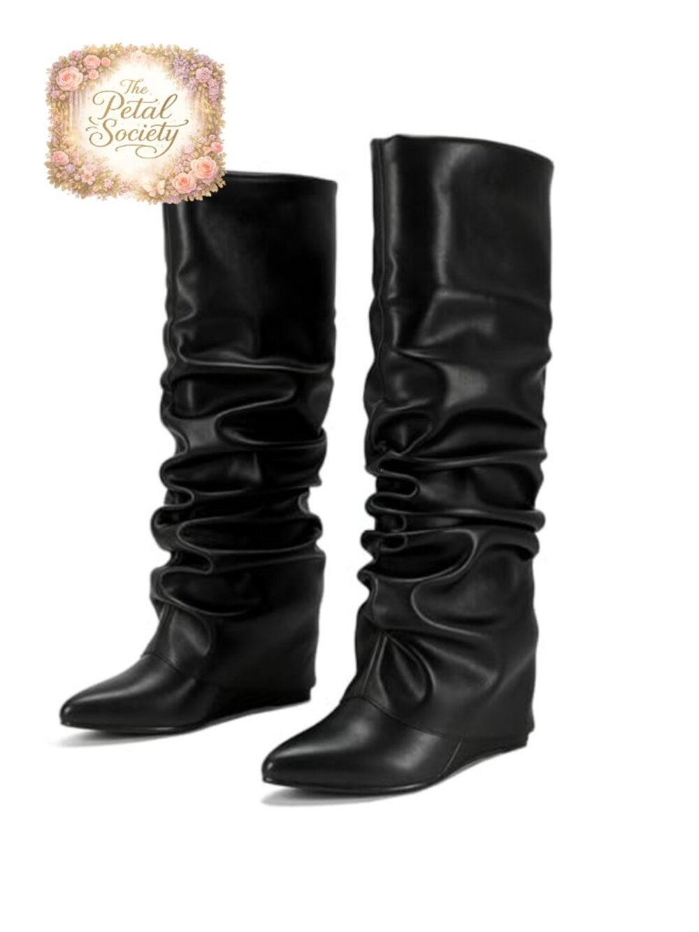 Fold Over Knee High Boots Pointed Toe Wedge Heel Faux Leather